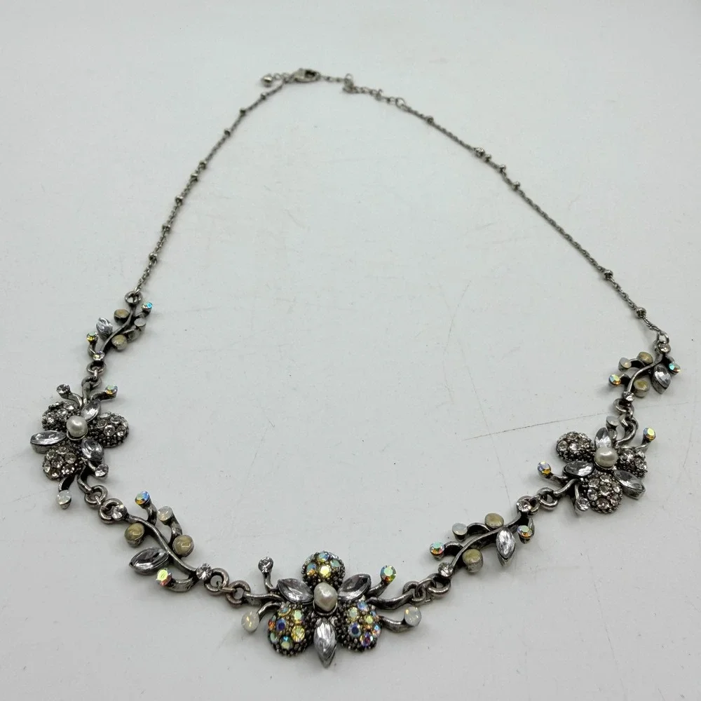 Gunmetal Floral Rhinestone Faux Pearl Necklace Cottagecore Statement Jewelry